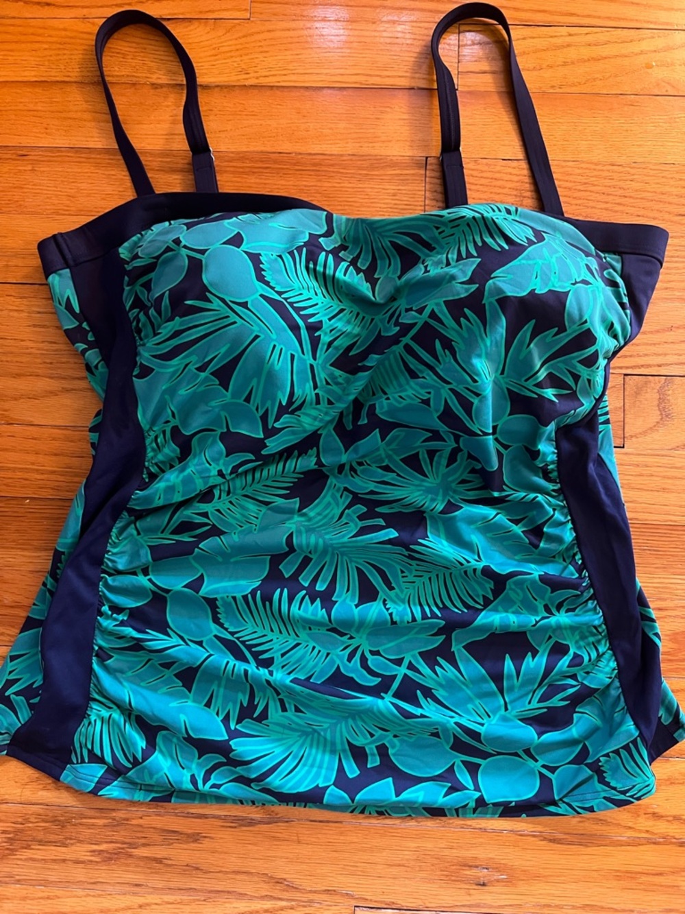 Lands' End Green Tropical  Bandeau Tankini Swimsuit To with Navy Panels